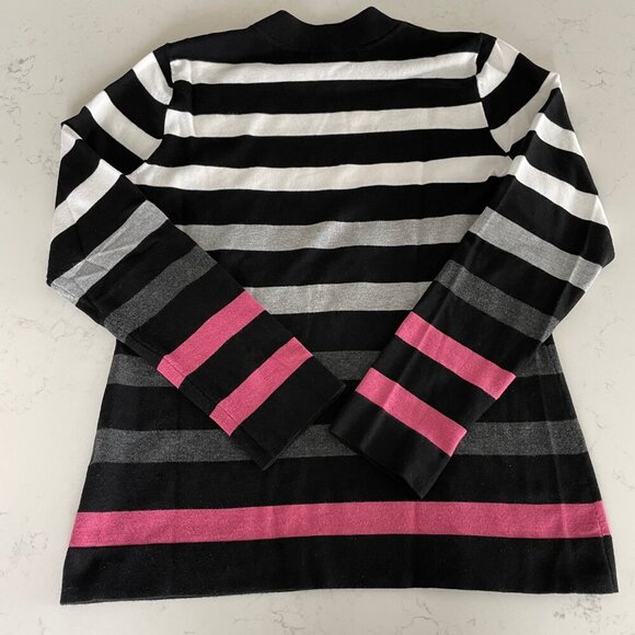 Karl Lagerfeld LS Striped Ribbed Mock Turtleneck Sweater Blk Wht Gry Pink Sz S - Picture 8 of 11
